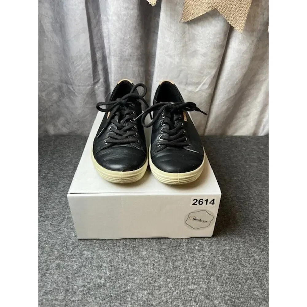 Ecco Womens Soft7 Sneaker Size 39 8.5 Black Leather Lace Up Comfy Shoe Trainer